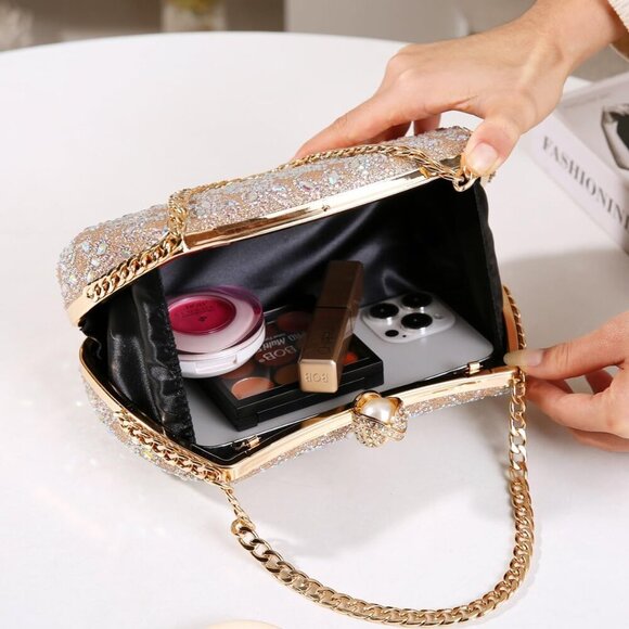 Women\'s Rhinestone Beaded Clutch Bag with Chain Handle for Evening or Party
